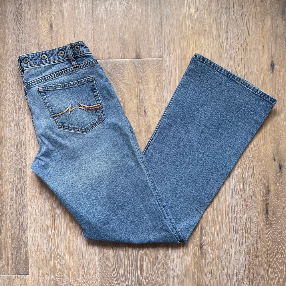 Vintage 90s Y2K Parasuco Jeans Light Blue Flare Asymmetrical Waistband - Size 32 - Picture 7 of 10